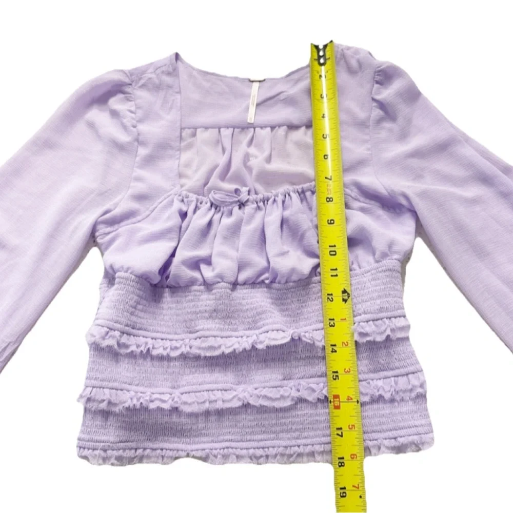 Free People Lolita Blouse Lavender XS Peasant Top Ruffle Smocked Sheer Boho